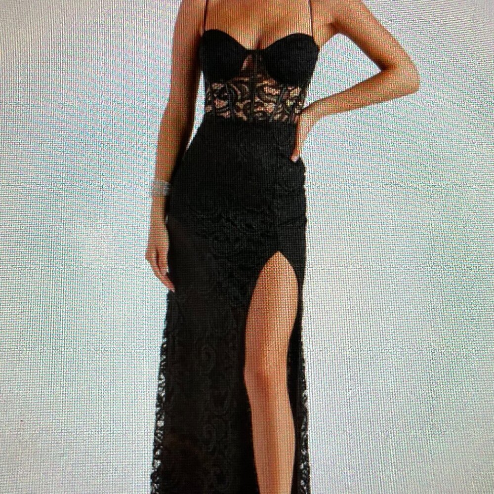 Windsor, Size 1/2 Sparkly glitter, Black Lace Corset Dress LONG, High Slit Dress